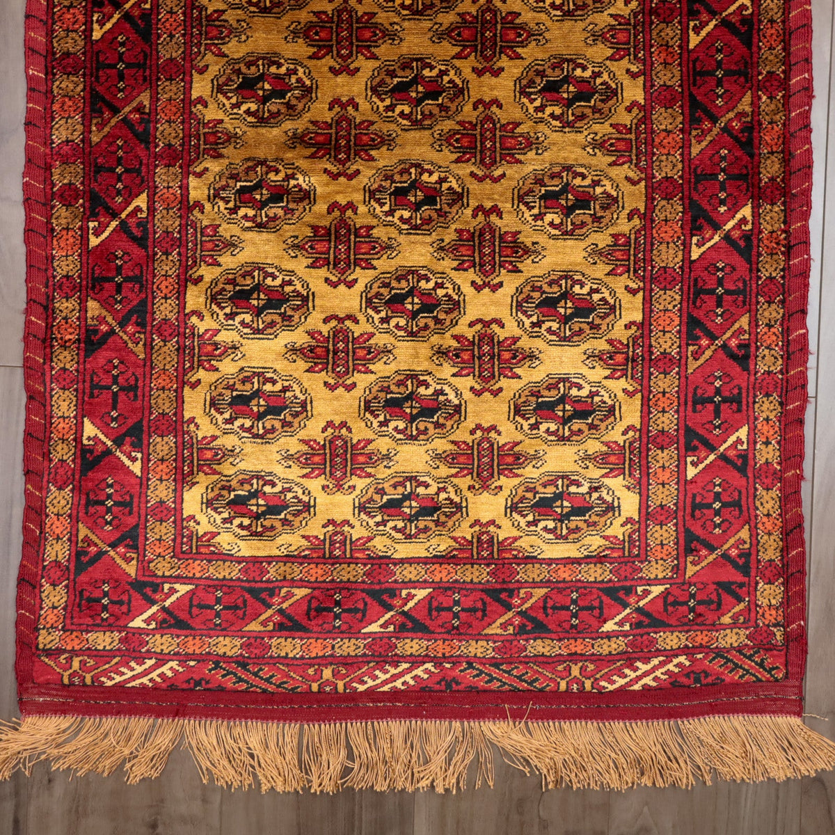 ペルシャ絨毯 トルクメン産 シルク100％ 両面手織り｜ギュル・四区画柄 レッド×ゴールド｜86×61cm（FS-13384）
