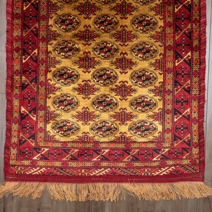 ペルシャ絨毯 トルクメン産 シルク100％ 両面手織り｜ギュル・四区画柄 レッド×ゴールド｜86×61cm（FS-13384）