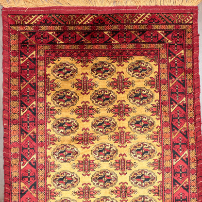 ペルシャ絨毯 トルクメン産 シルク100％ 両面手織り｜ギュル・四区画柄 レッド×ゴールド｜86×61cm（FS-13384）