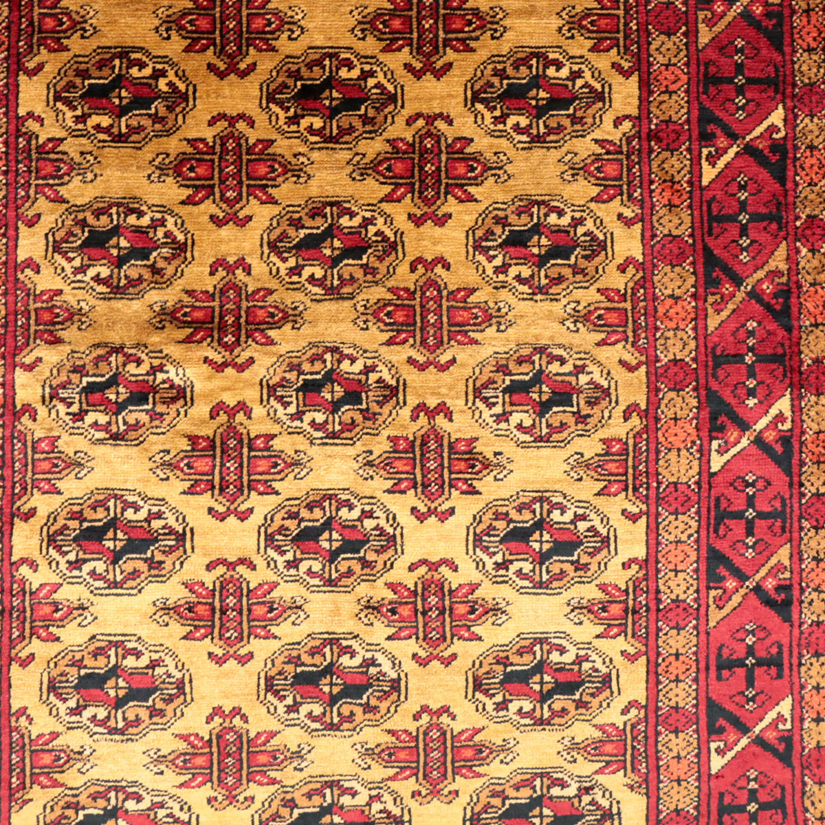 ペルシャ絨毯 トルクメン産 シルク100％ 両面手織り｜ギュル・四区画柄 レッド×ゴールド｜86×61cm（FS-13384）