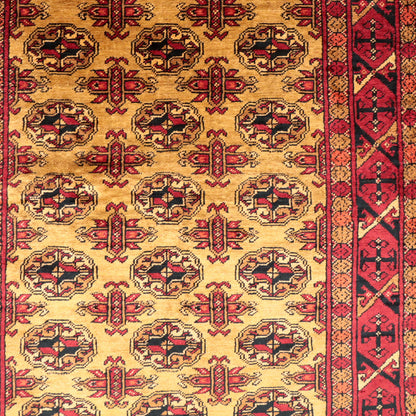 ペルシャ絨毯 トルクメン産 シルク100％ 両面手織り｜ギュル・四区画柄 レッド×ゴールド｜86×61cm（FS-13384）