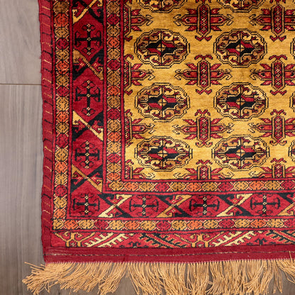 ペルシャ絨毯 トルクメン産 シルク100％ 両面手織り｜ギュル・四区画柄 レッド×ゴールド｜86×61cm（FS-13384）