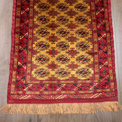ペルシャ絨毯 トルクメン産 シルク100％ 両面手織り｜ギュル・四区画柄 レッド×ゴールド｜86×61cm（FS-13384）