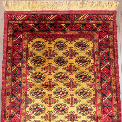 ペルシャ絨毯 トルクメン産 シルク100％ 両面手織り｜ギュル・四区画柄 レッド×ゴールド｜86×61cm（FS-13384）
