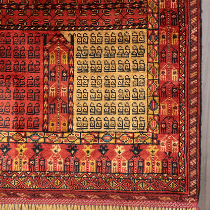 ペルシャ絨毯 トルクメン産 シルク100％ 両面手織り｜区画・ギュル柄 レッド×ブルーグリーン｜62×41cm（FS-13385）
