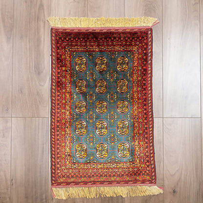 ペルシャ絨毯 トルクメン産 シルク100％ 両面手織り｜区画・ギュル柄 レッド×ブルーグリーン｜62×41cm（FS-13385）