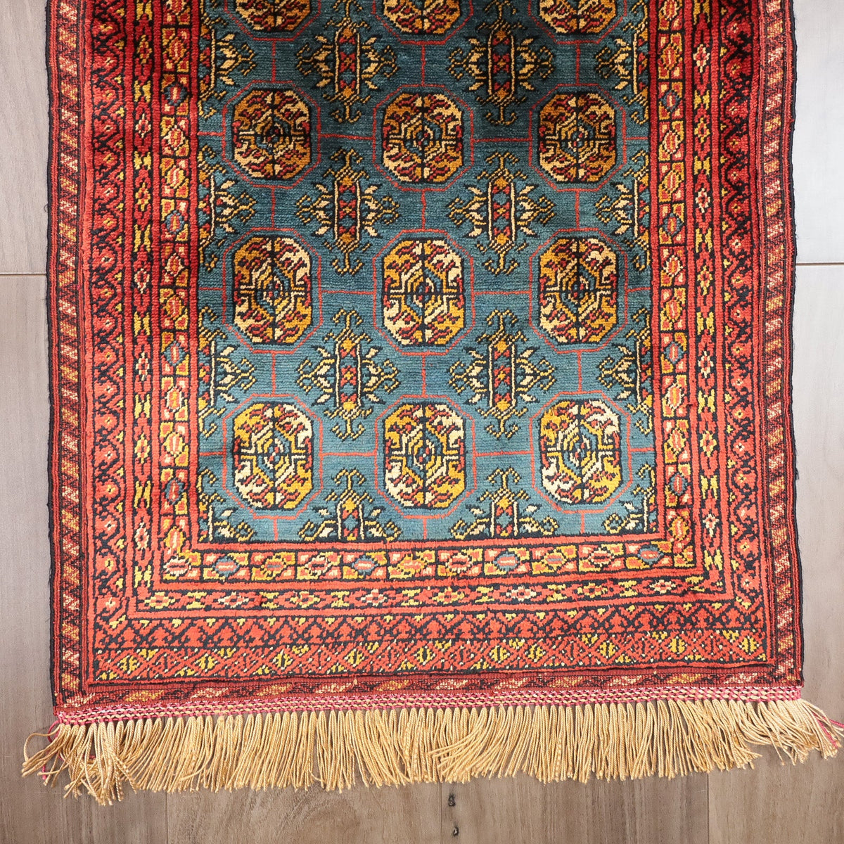 ペルシャ絨毯 トルクメン産 シルク100％ 両面手織り｜区画・ギュル柄 レッド×ブルーグリーン｜62×41cm（FS-13385）