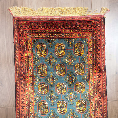 ペルシャ絨毯 トルクメン産 シルク100％ 両面手織り｜区画・ギュル柄 レッド×ブルーグリーン｜62×41cm（FS-13385）