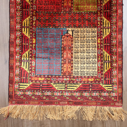 ペルシャ絨毯 トルクメン産 シルク100％ 両面手織り｜ギュル・区画柄 レッド×ゴールド｜64×43cm（FS-13386）