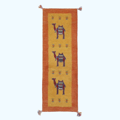 ギャッベ（ギャベ）カシュクリ黄色と茶色が美しい手織りラグ 144×49cm（HR-70248）