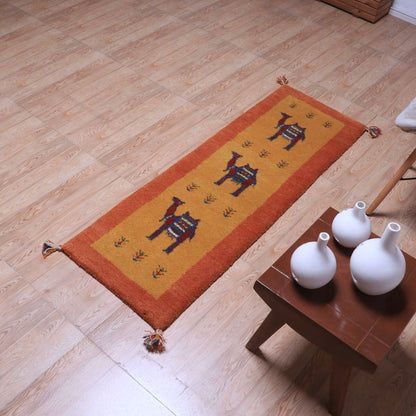 ギャッベ（ギャベ）カシュクリ黄色と茶色が美しい手織りラグ 144×49cm（HR-70248）