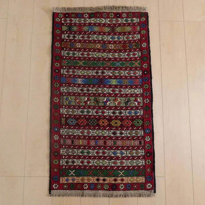 Colorful Azerbaijani kilim rug with intricate Smack weaving design, 105x51cm, wool material