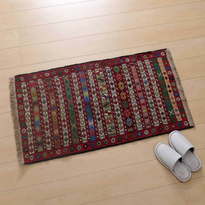 Traditional Azerbaijani Kilim rug with intricate multicolor smac weaving on wool, 105x51cm, vibrant geometric patterns on red background