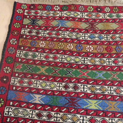 Traditional Azerbaijani Kilim rug with intricate multicolor Smack weaving patterns on wool, 105x51cm size