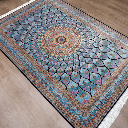 LUMINA モダールアートコレクション｜ゴンバド・羽根文様 ターコイズ×ピンク｜224×150cm（S-13313）
