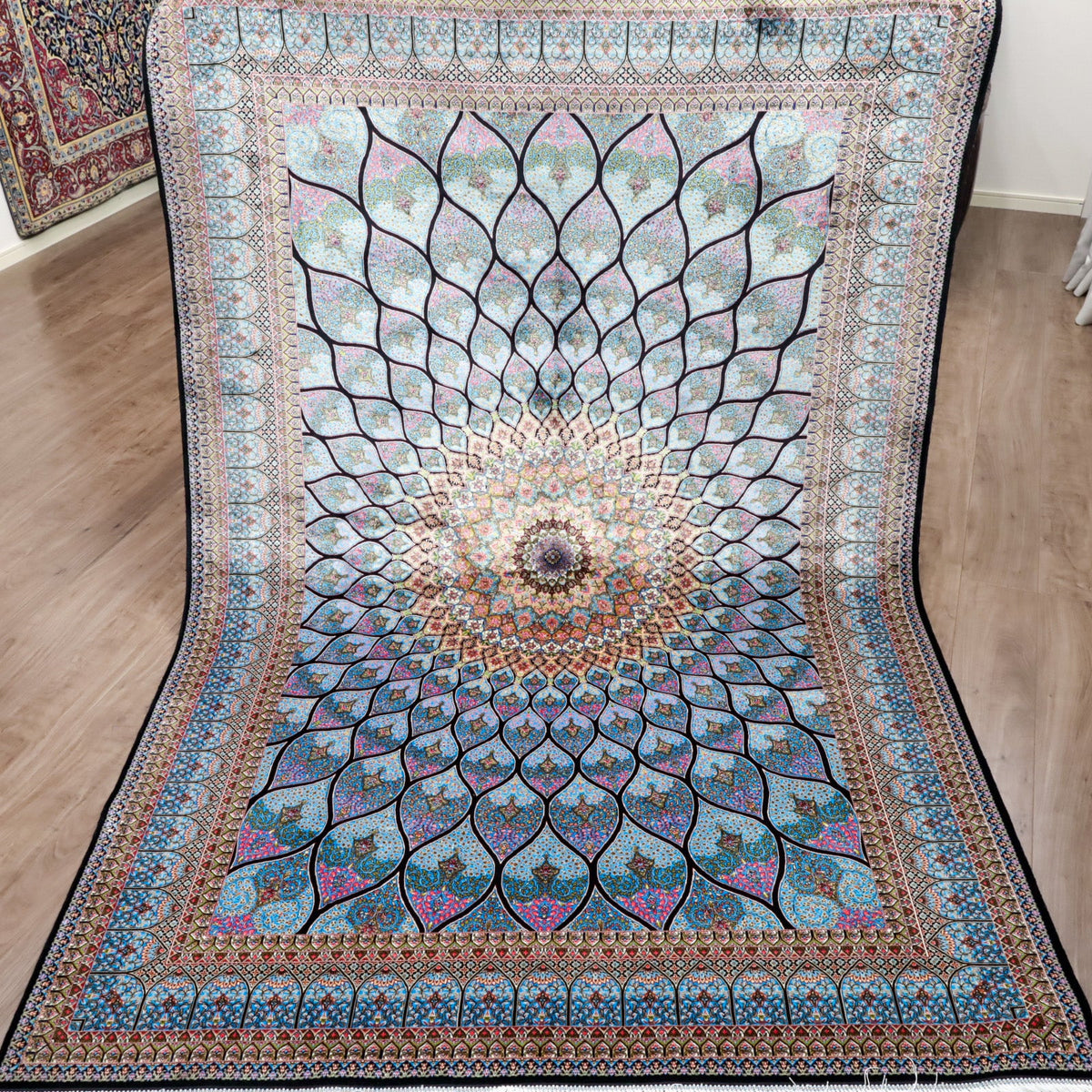 LUMINA モダールアートコレクション｜ゴンバド・羽根文様 ターコイズ×ピンク｜224×150cm（S-13313）