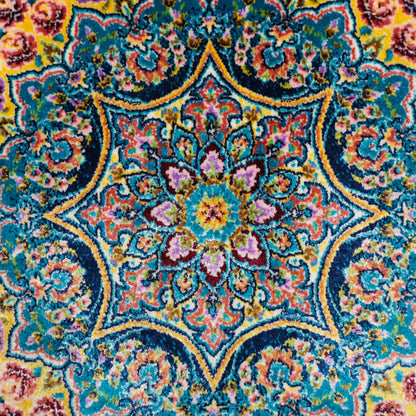 LUMINA モダールアートコレクション｜アーチ・花メダリオン柄 ターコイズ×ピンク｜230×150cm（S-13317）
