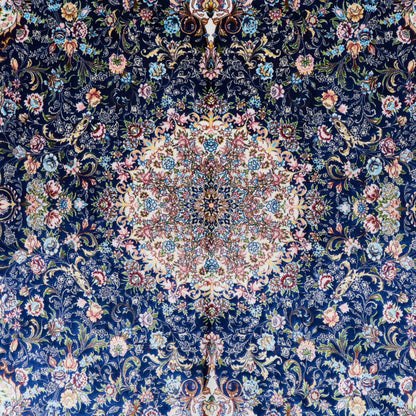 LUMINA モダールアートコレクション｜花唐草メダリオン柄 ネイビー×アイボリー｜177×119cm（S-13318）