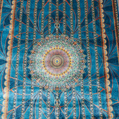 LUMINA モダールアートコレクション｜ゴンバド・羽根文様 ターコイズ×パープル｜230×148cm（S-13319）